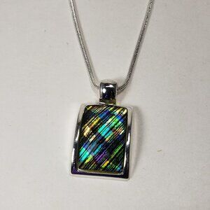 Silver tone Multicolor Rectangular Pendant Necklace with Matching Earrings